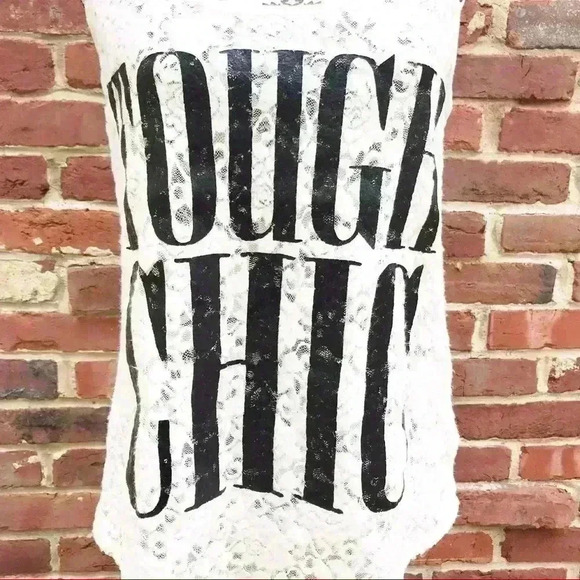 EXPRESS “Tough Chic” Creme Lace Scoop Neck Graphic Sleeveless Tank Top Size M - Picture 4 of 8